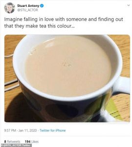 Twitter user divides opinion over 'milk first' tea colour